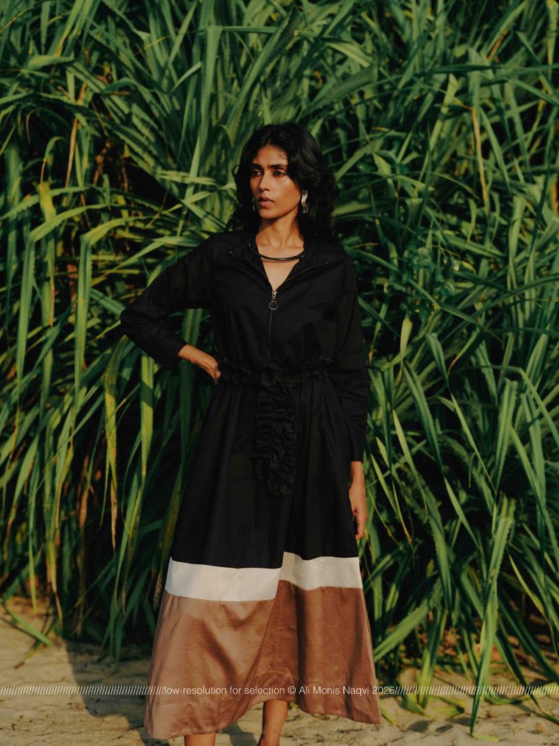 Turtle Neck Dress - Black poplin by THREE in black color for women in Singapore