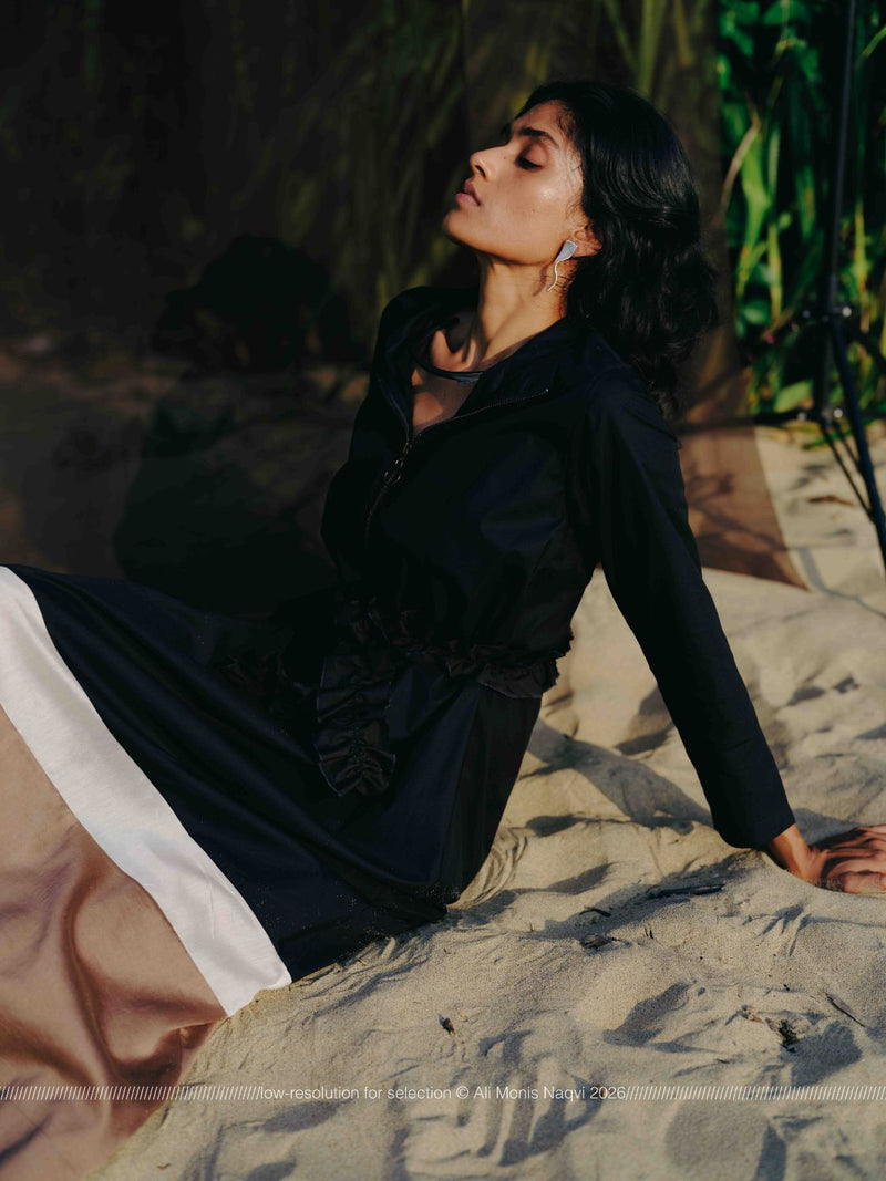 Turtle Neck Dress - Black poplin by THREE in black color for women in Singapore