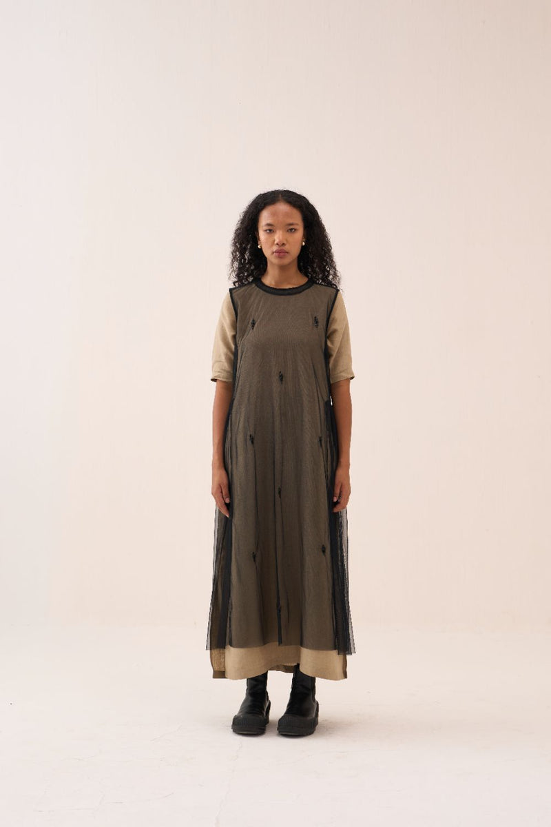 Emb. Side Gather Dress by THREE in black color for women in Singapore