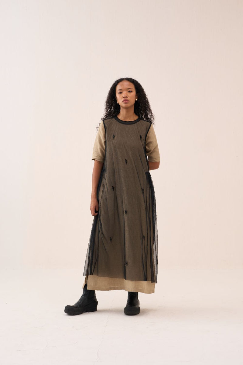 Emb. Side Gather Dress by THREE in black color for women in Singapore
