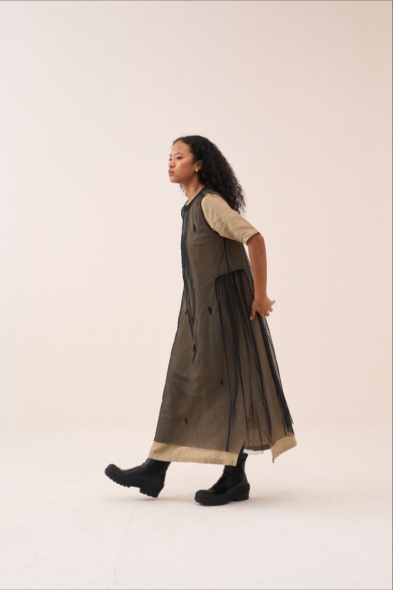 Emb. Side Gather Dress by THREE in black color for women in Singapore