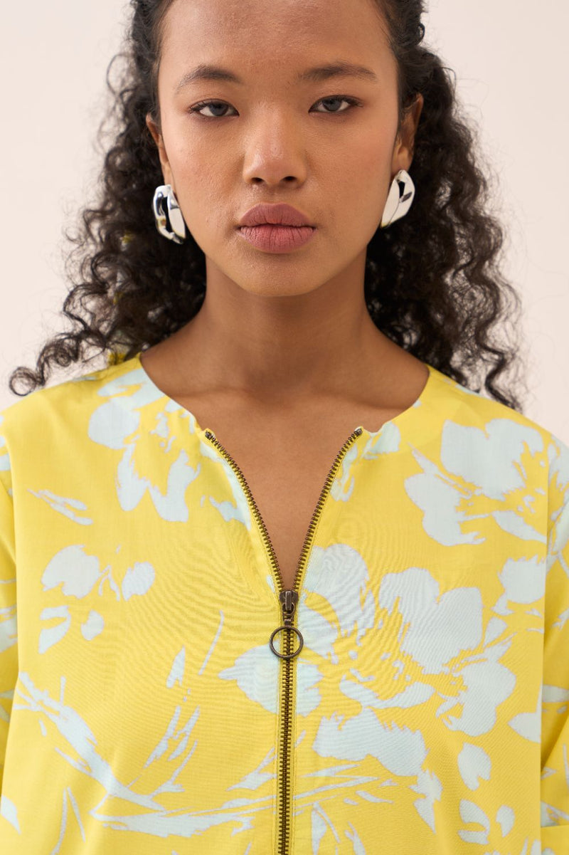 Handkerchief Dress - Yellow & Blue Print poplin by THREE in blue color for women in Singapore