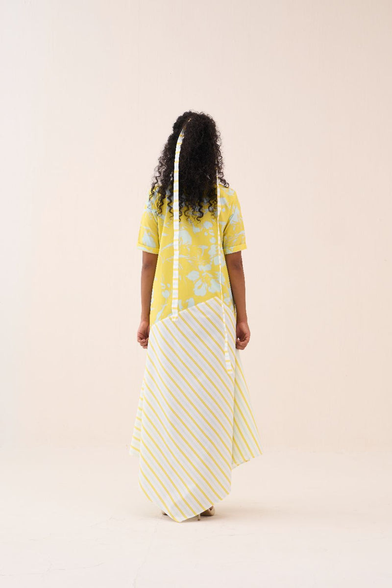 Handkerchief Dress - Yellow & Blue Print poplin by THREE in blue color for women in Singapore