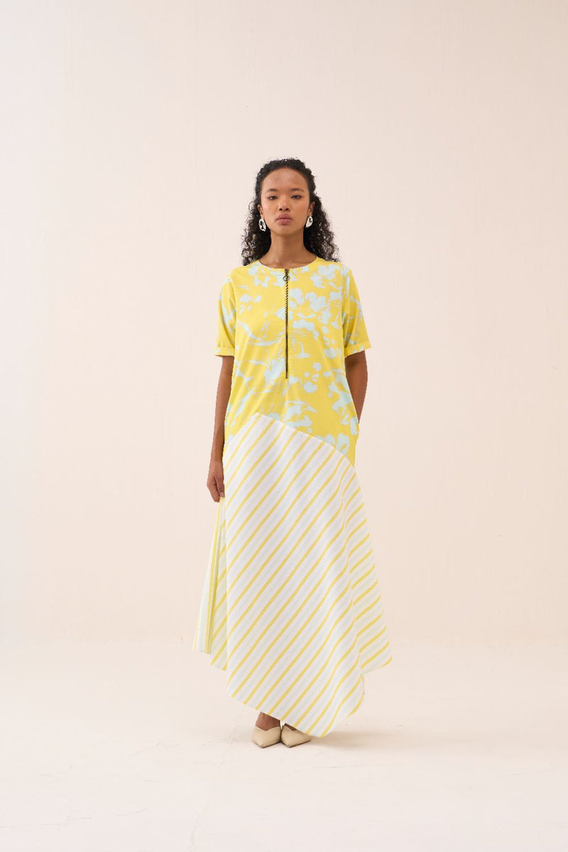 Handkerchief Dress - Yellow & Blue Print poplin by THREE in blue color for women in Singapore