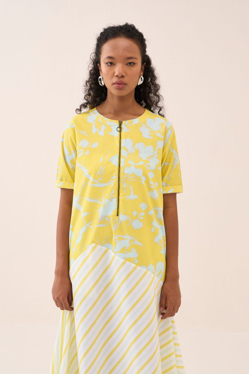 Handkerchief Dress - Yellow & Blue Print poplin by THREE in blue color for women in Singapore