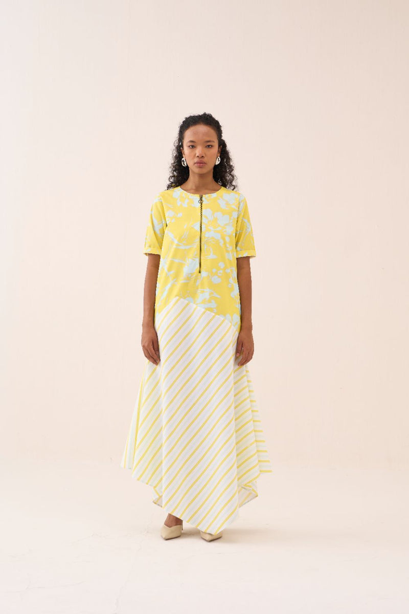 Handkerchief Dress - Yellow & Blue Print poplin by THREE in blue color for women in Singapore