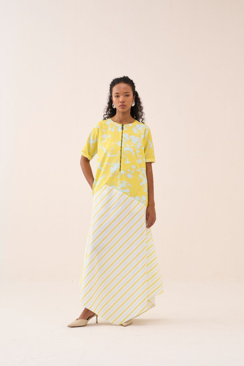 Handkerchief Dress - Yellow & Blue Print poplin by THREE in blue color for women in Singapore