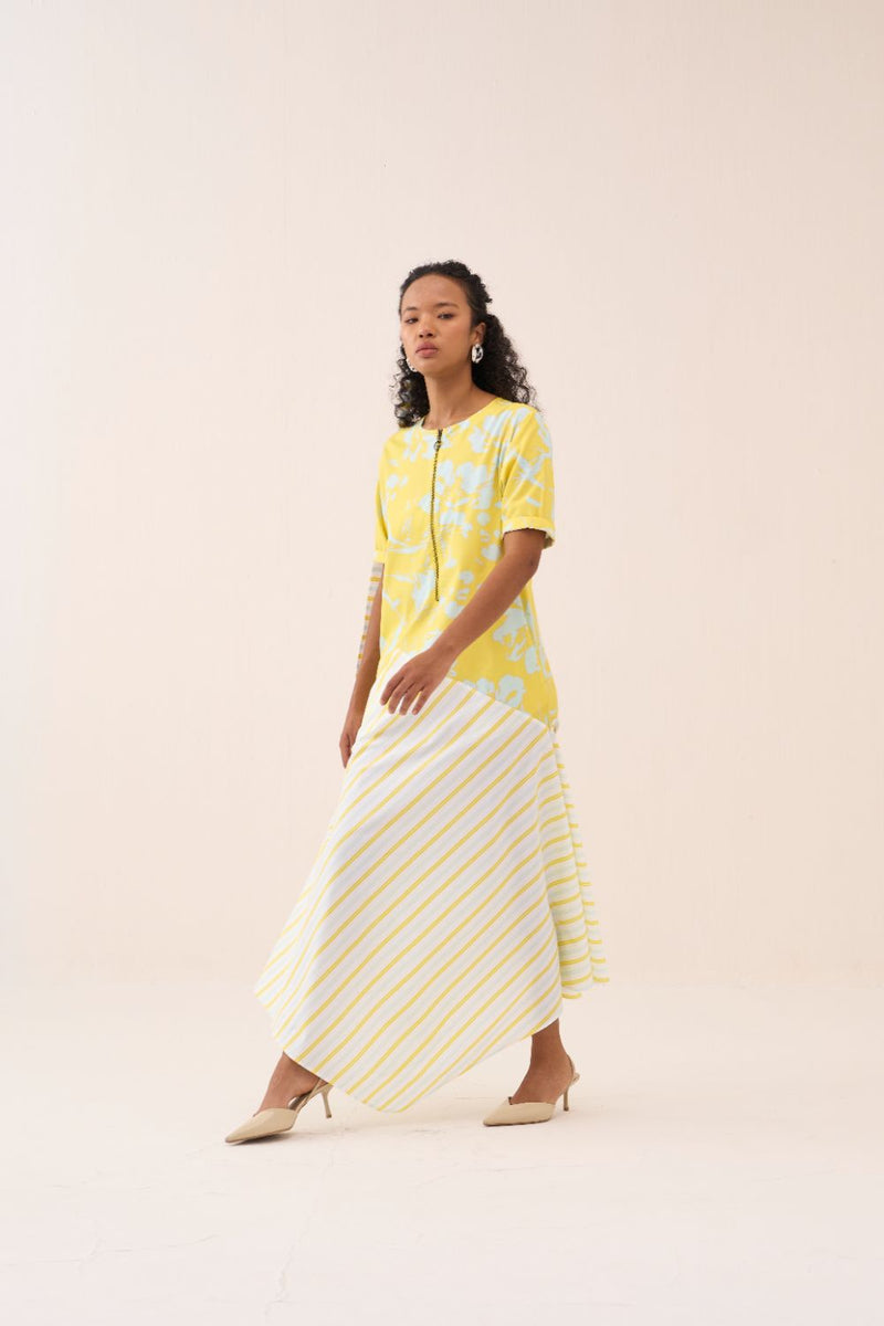 Handkerchief Dress - Yellow & Blue Print poplin by THREE in blue color for women in Singapore