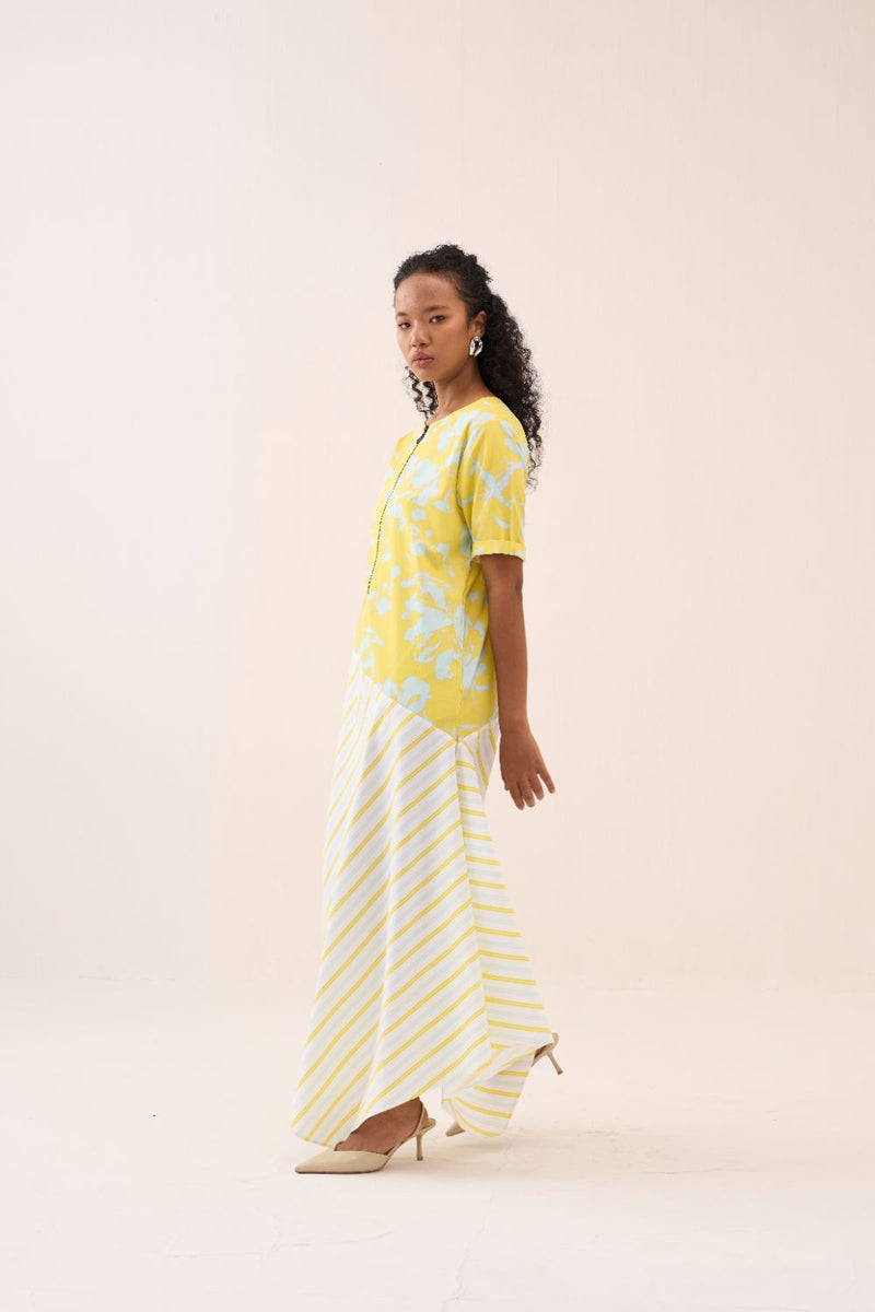 Handkerchief Dress - Yellow & Blue Print poplin by THREE in blue color for women in Singapore