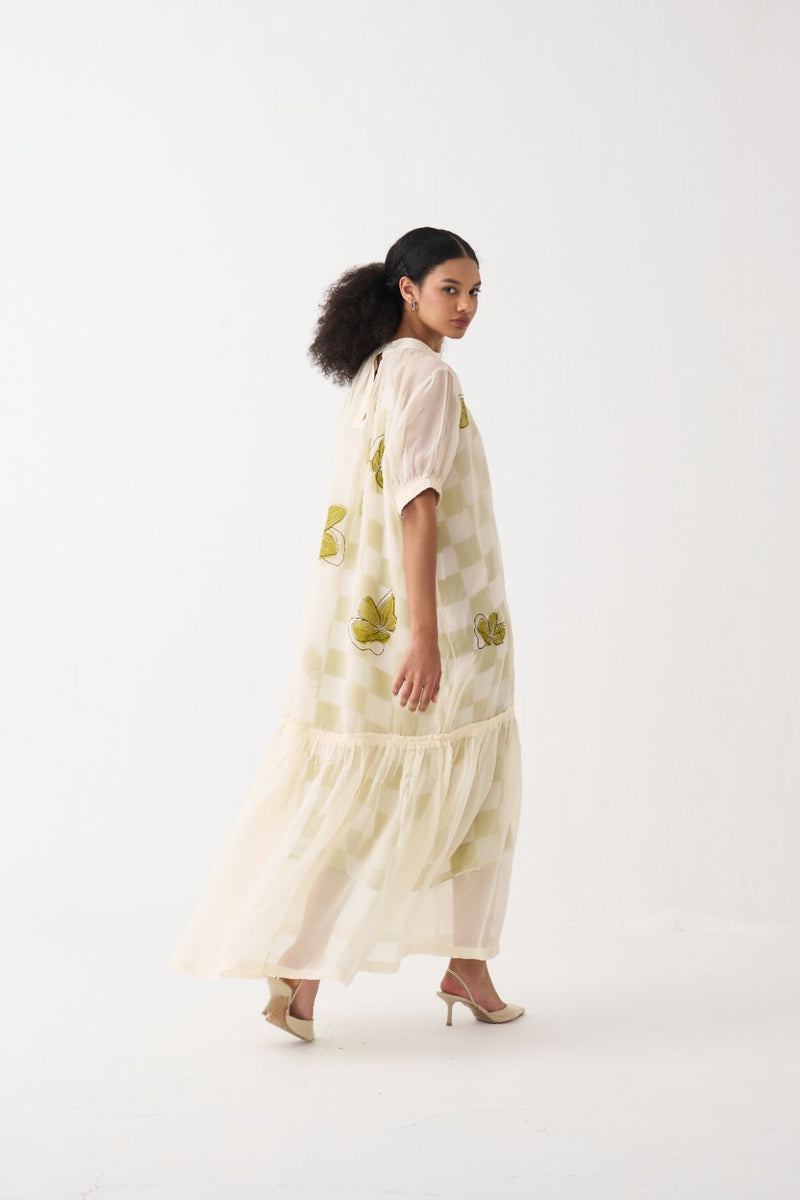 Floral Reverse Applique Bottom Frill Dress organza by THREE in ivory color for women in Singapore