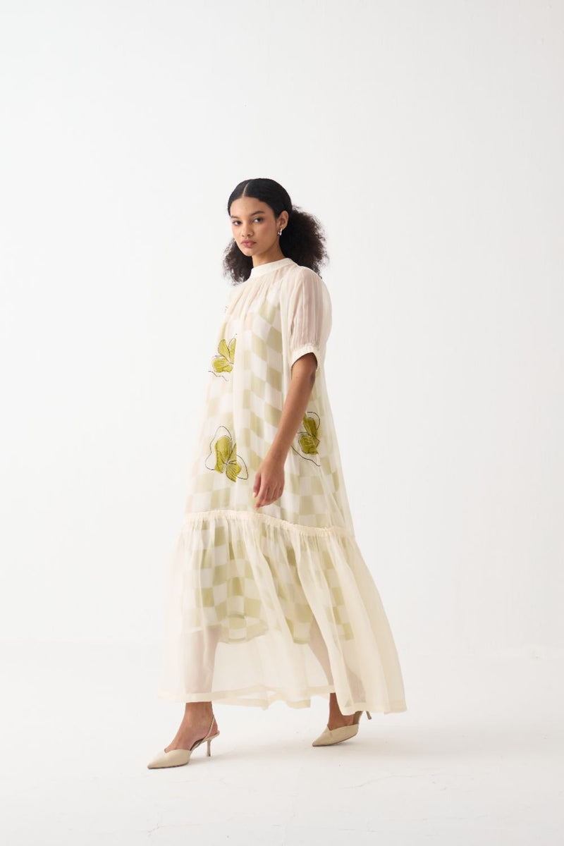 Floral Reverse Applique Bottom Frill Dress organza by THREE in ivory color for women in Singapore
