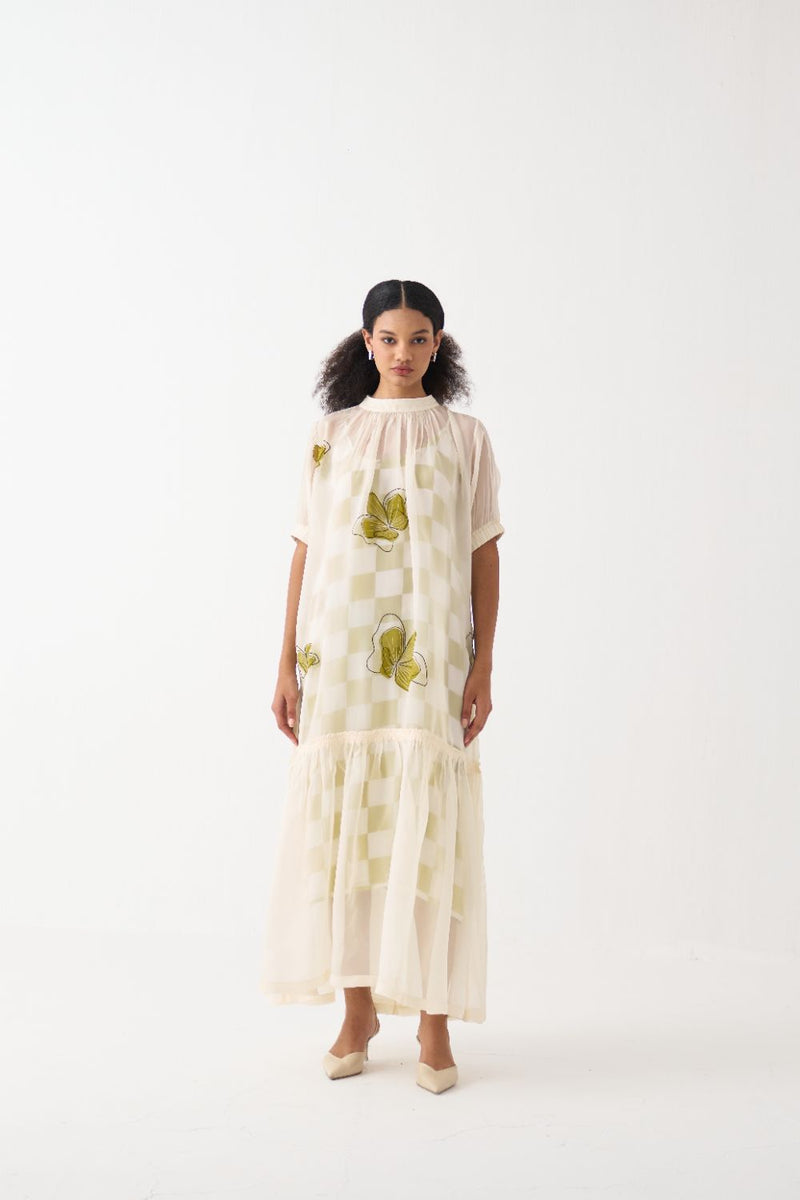 Floral Reverse Applique Bottom Frill Dress organza by THREE in ivory color for women in Singapore
