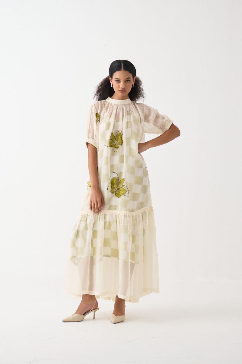 Floral Reverse Applique Bottom Frill Dress organza by THREE in ivory color for women in Singapore