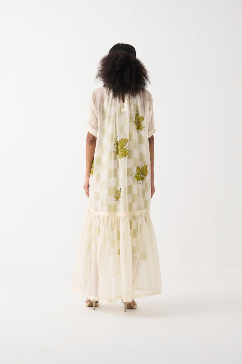 Floral Reverse Applique Bottom Frill Dress organza by THREE in ivory color for women in Singapore