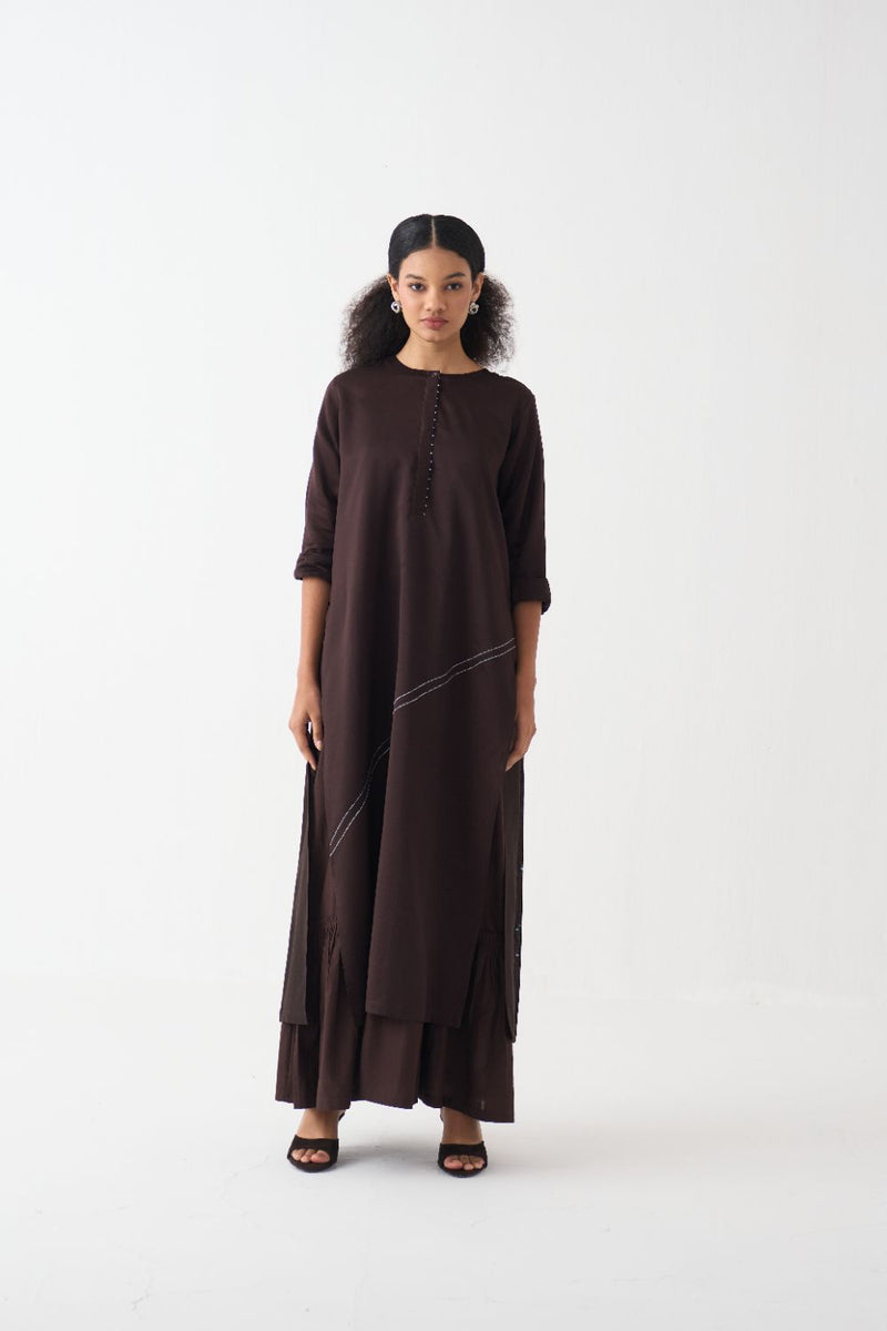 Splash Print Back Pleat Dress - Dark Brown poplin by THREE in brown color for women in Singapore
