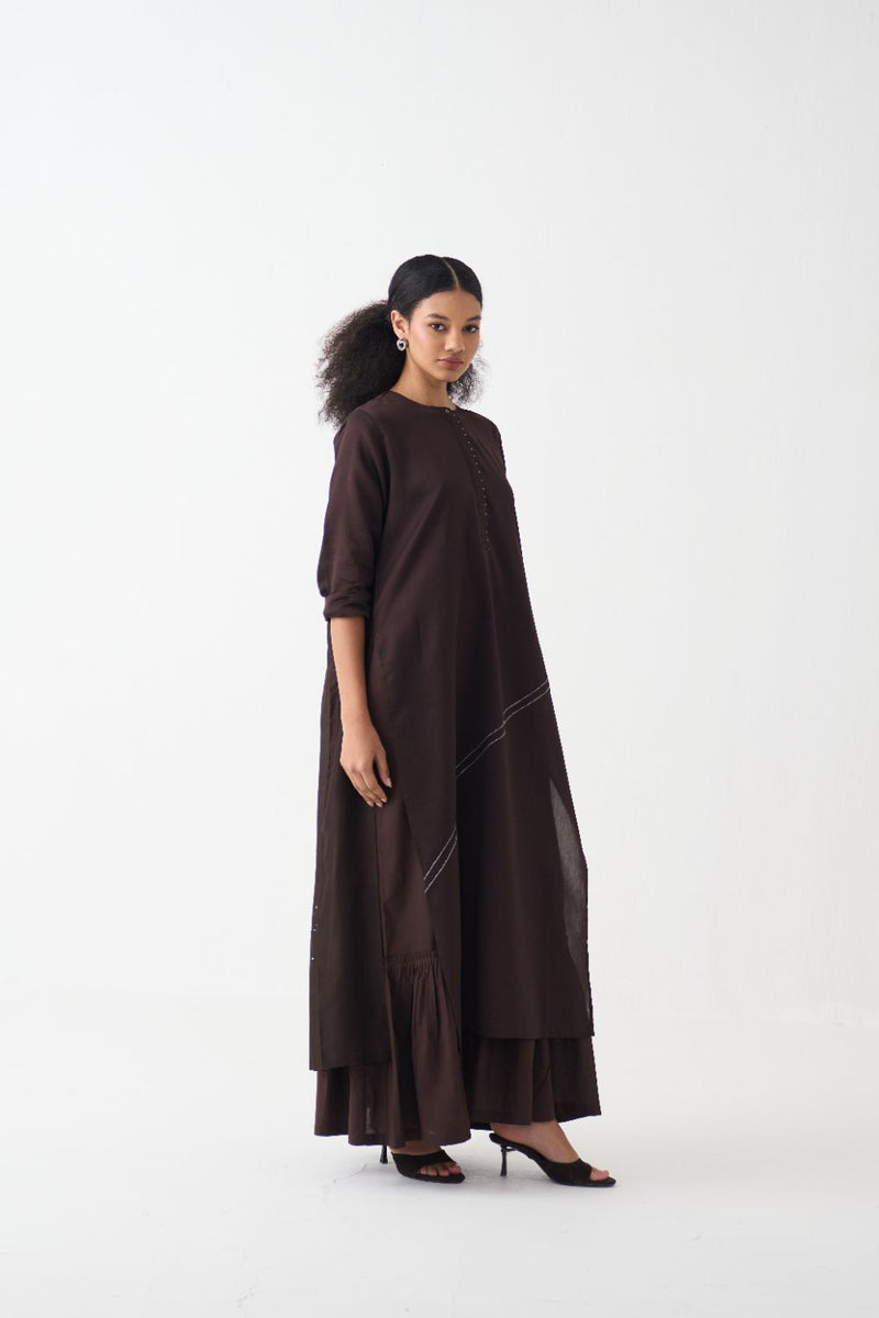 Splash Print Back Pleat Dress - Dark Brown poplin by THREE in brown color for women in Singapore