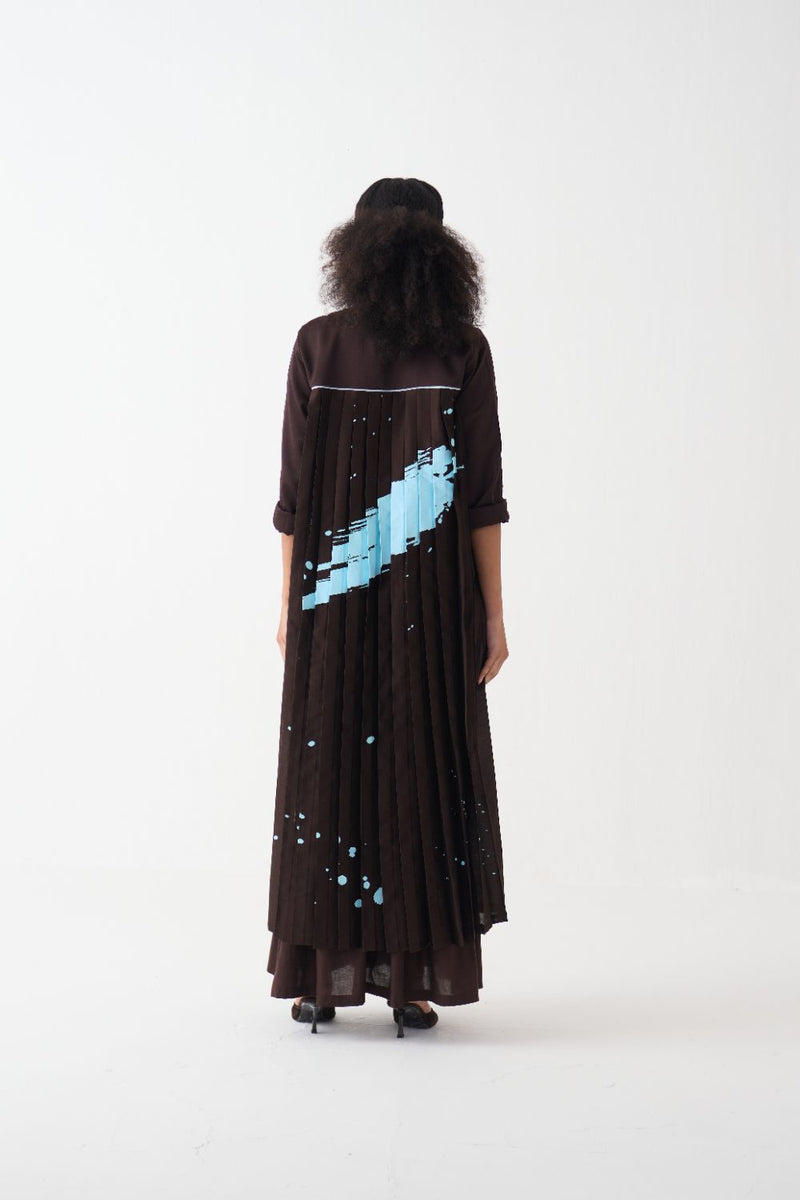 Splash Print Back Pleat Dress - Dark Brown poplin by THREE in brown color for women in Singapore