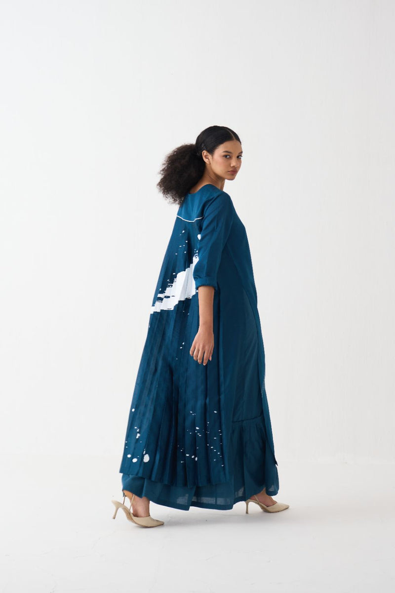 Splash Print Back Pleat Dress poplin by THREE in teal color for women in Singapore