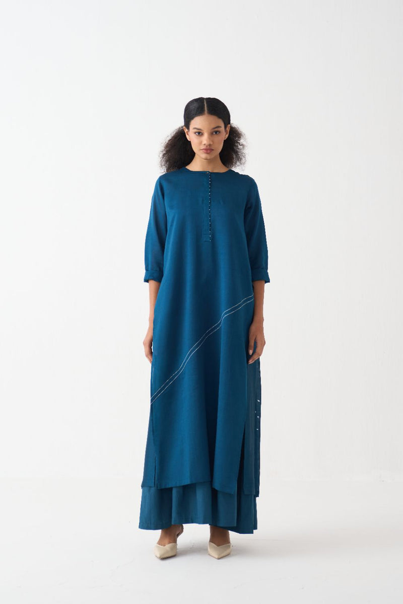 Splash Print Back Pleat Dress poplin by THREE in teal color for women in Singapore