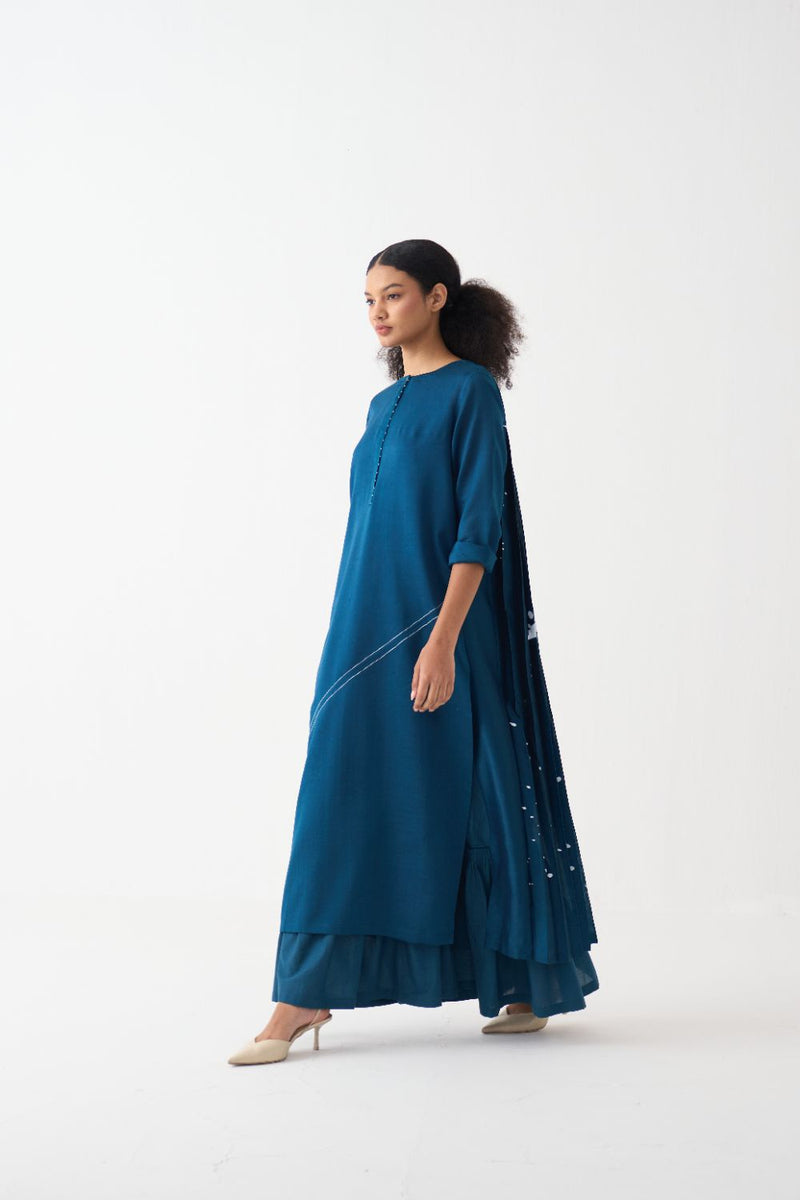 Splash Print Back Pleat Dress poplin by THREE in teal color for women in Singapore