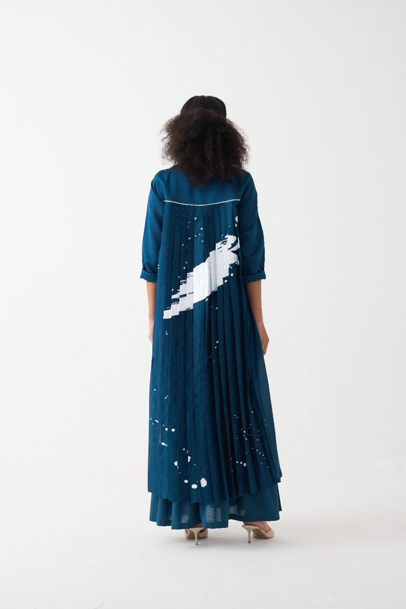 Splash Print Back Pleat Dress poplin by THREE in teal color for women in Singapore