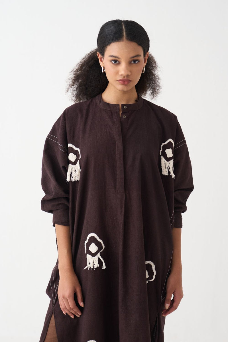 Fringe Bat Sleeve Dress cotton by THREE in brown color for women in Singapore