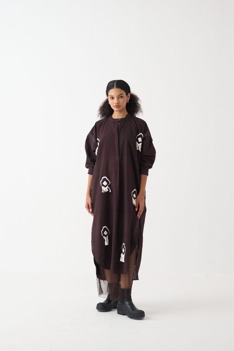 Fringe Bat Sleeve Dress cotton by THREE in brown color for women in Singapore