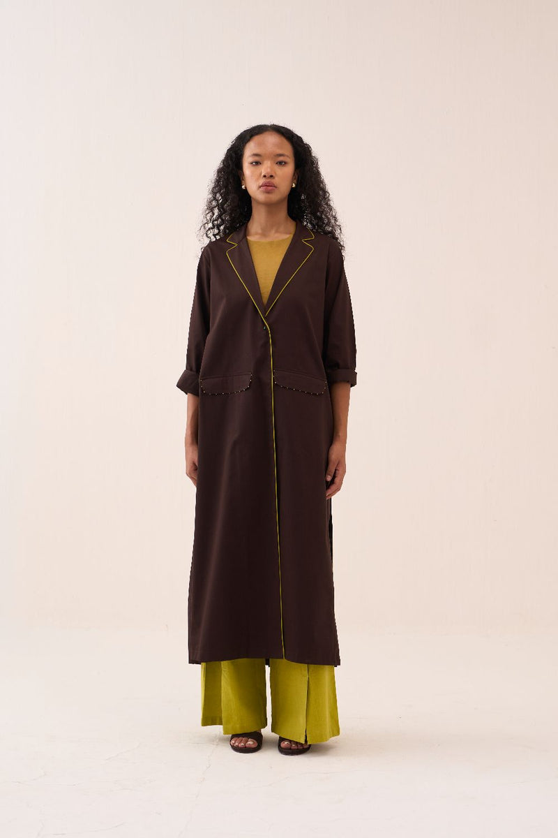 Splash Print Back Pleat Jacket Co-Ord (Slip Included) (Set Of 2) poplin by THREE in brown color for women in Singapore