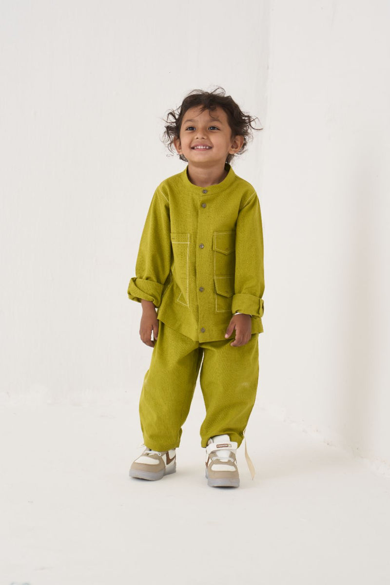Boy - Double Patch Pocket Shirt Co-Ord (Set Of 02) - Lime cotton by THREE Kids for kids in Singapore