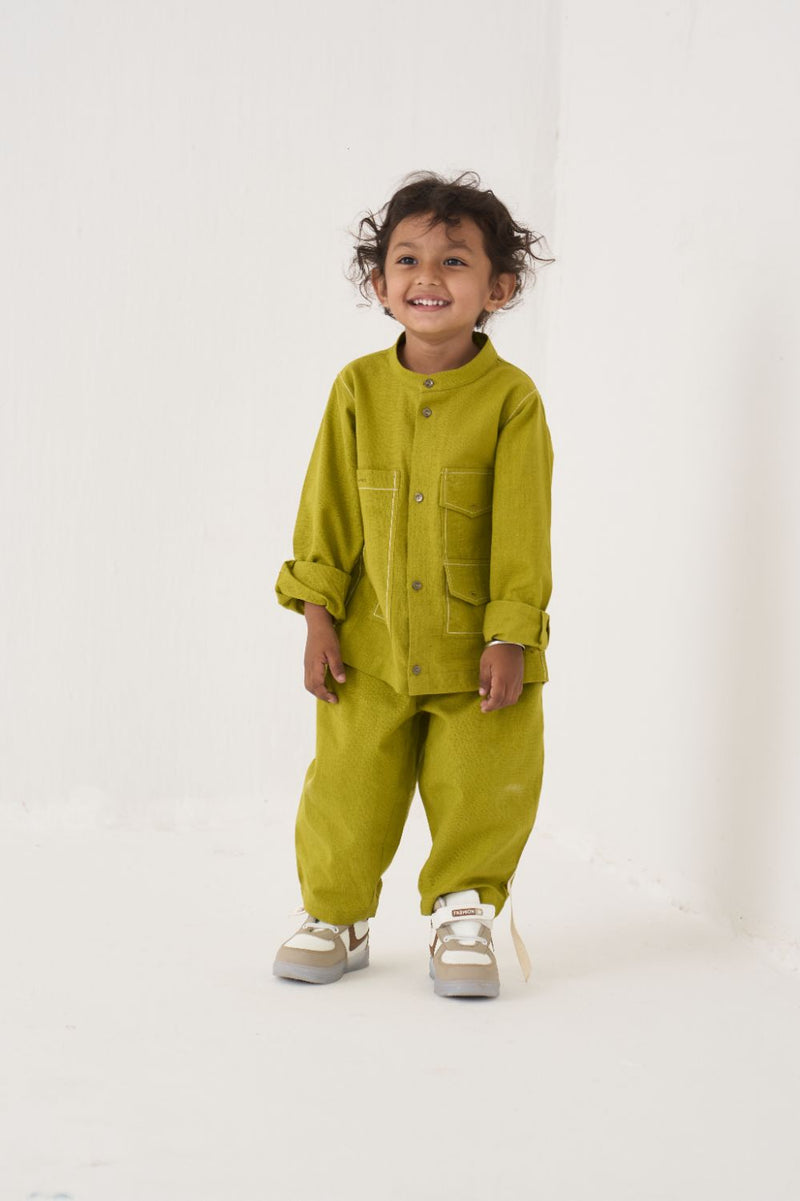 Boy - Double Patch Pocket Shirt Co-Ord (Set Of 02) - Lime cotton by THREE Kids for kids in Singapore