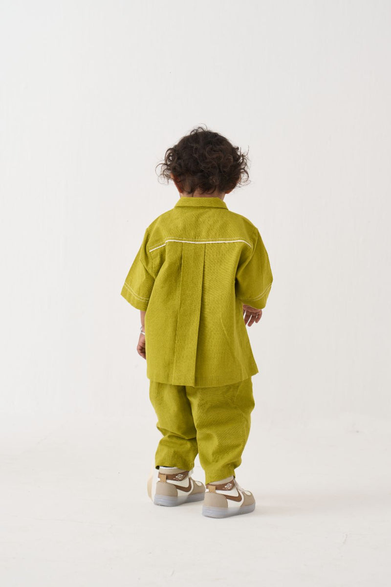 Boy - Double Patch Pocket Shirt Co-Ord (Set Of 02) - Lime cotton by THREE Kids for kids in Singapore