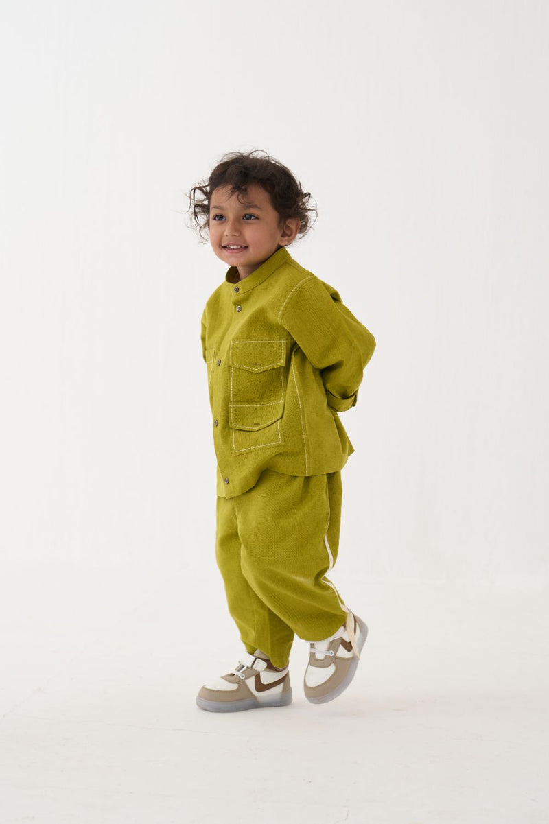 Boy - Double Patch Pocket Shirt Co-Ord (Set Of 02) - Lime cotton by THREE Kids for kids in Singapore