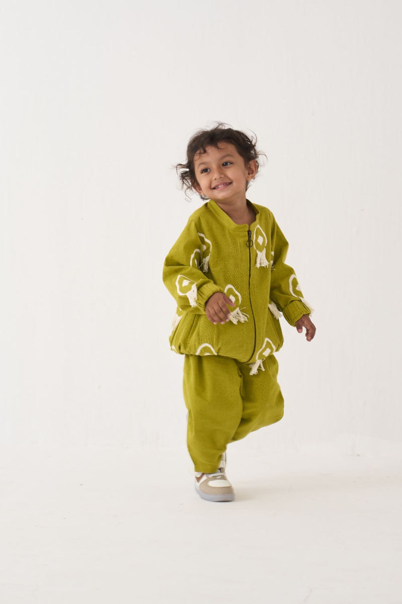Boy - Fringe Bomber Jacket Co-Ord (Set Of 2) - Lime cotton by THREE Kids for kids in Singapore
