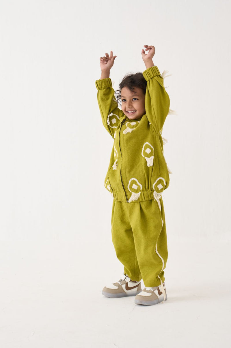 Boy - Fringe Bomber Jacket Co-Ord (Set Of 2) - Lime cotton by THREE Kids for kids in Singapore