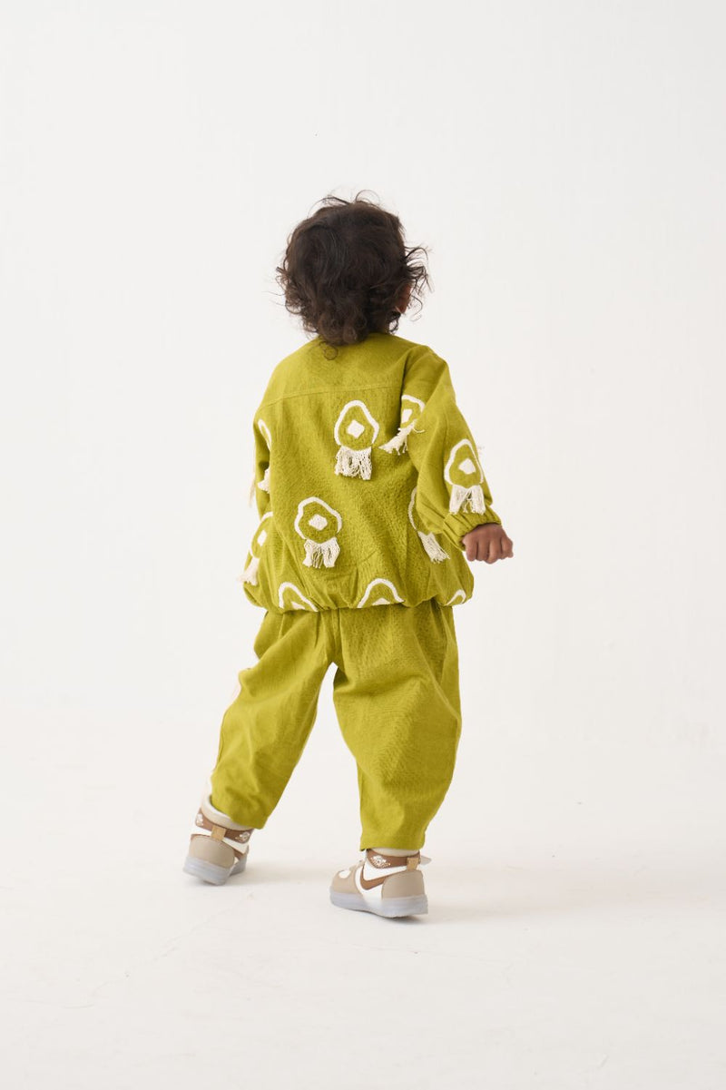 Boy - Fringe Bomber Jacket Co-Ord (Set Of 2) - Lime cotton by THREE Kids for kids in Singapore