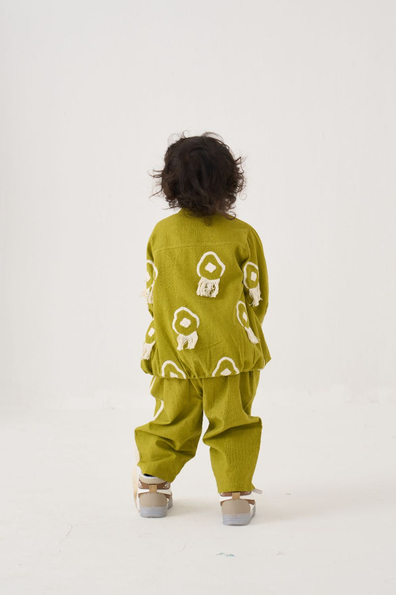 Boy - Fringe Bomber Jacket Co-Ord (Set Of 2) - Lime cotton by THREE Kids for kids in Singapore