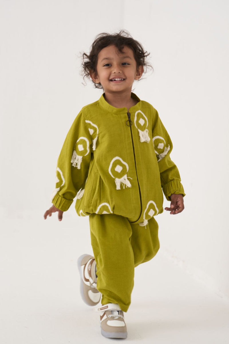 Boy - Fringe Bomber Jacket Co-Ord (Set Of 2) - Lime cotton by THREE Kids for kids in Singapore