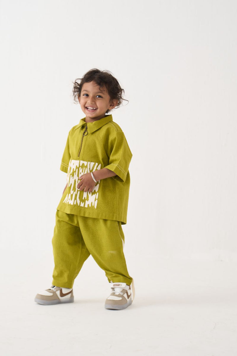 Boy - Emb. Patch Top Co-Ord - Lime cotton by THREE Kids for kids in Singapore