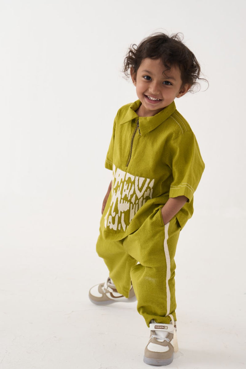 Boy - Emb. Patch Top Co-Ord - Lime cotton by THREE Kids for kids in Singapore