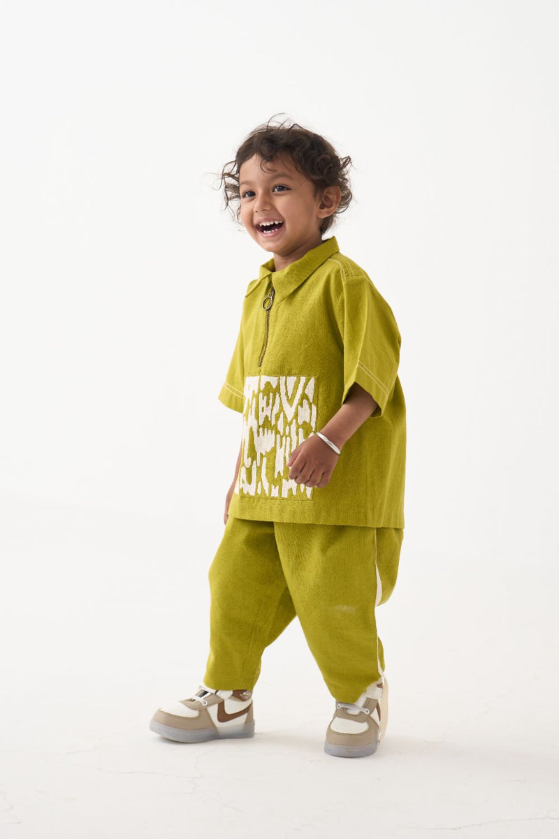 Boy - Emb. Patch Top Co-Ord - Lime cotton by THREE Kids for kids in Singapore
