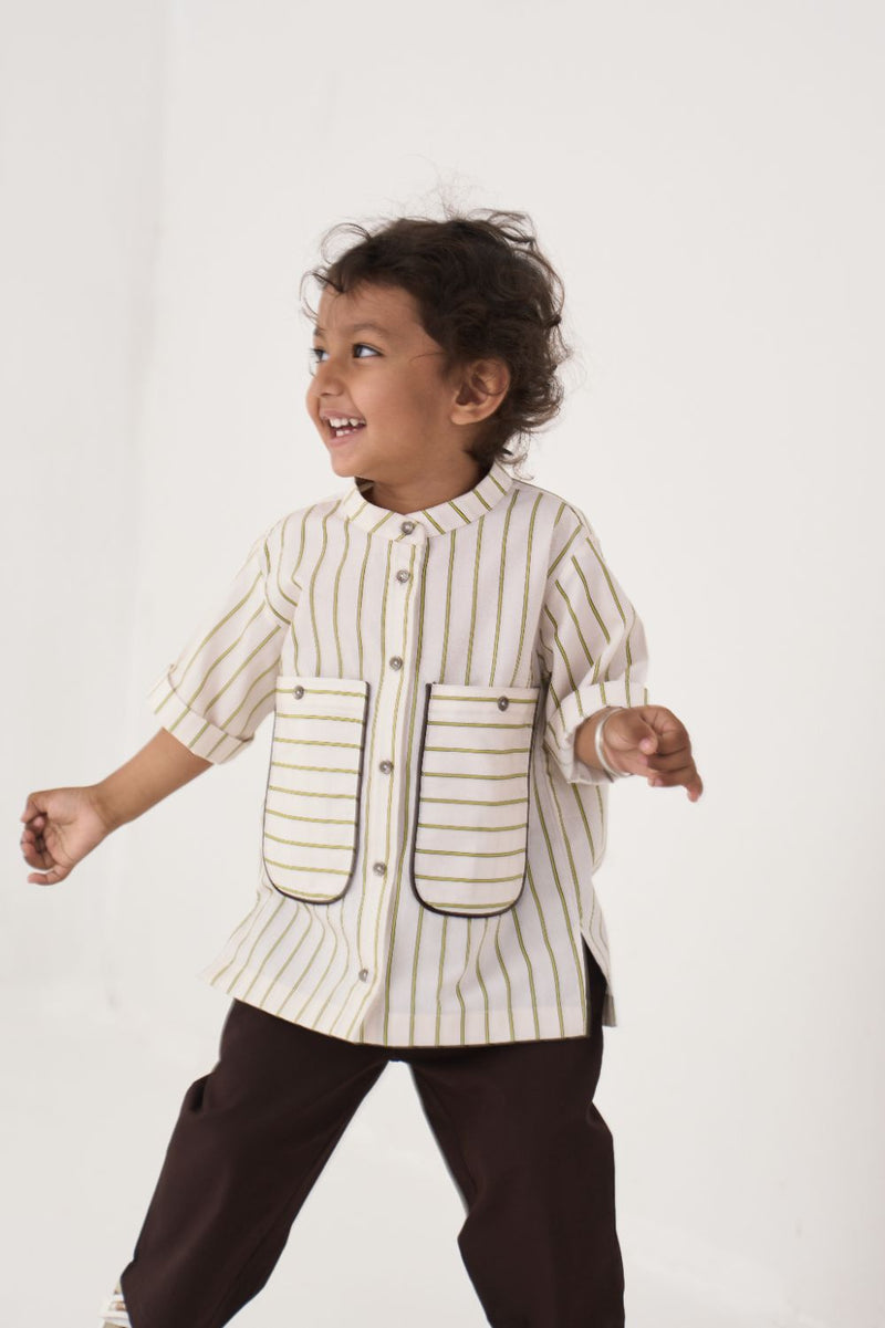 Boy - Patch Pocket Shirt Co-Ord - Lime poplin by THREE Kids in brown color for kids in Singapore