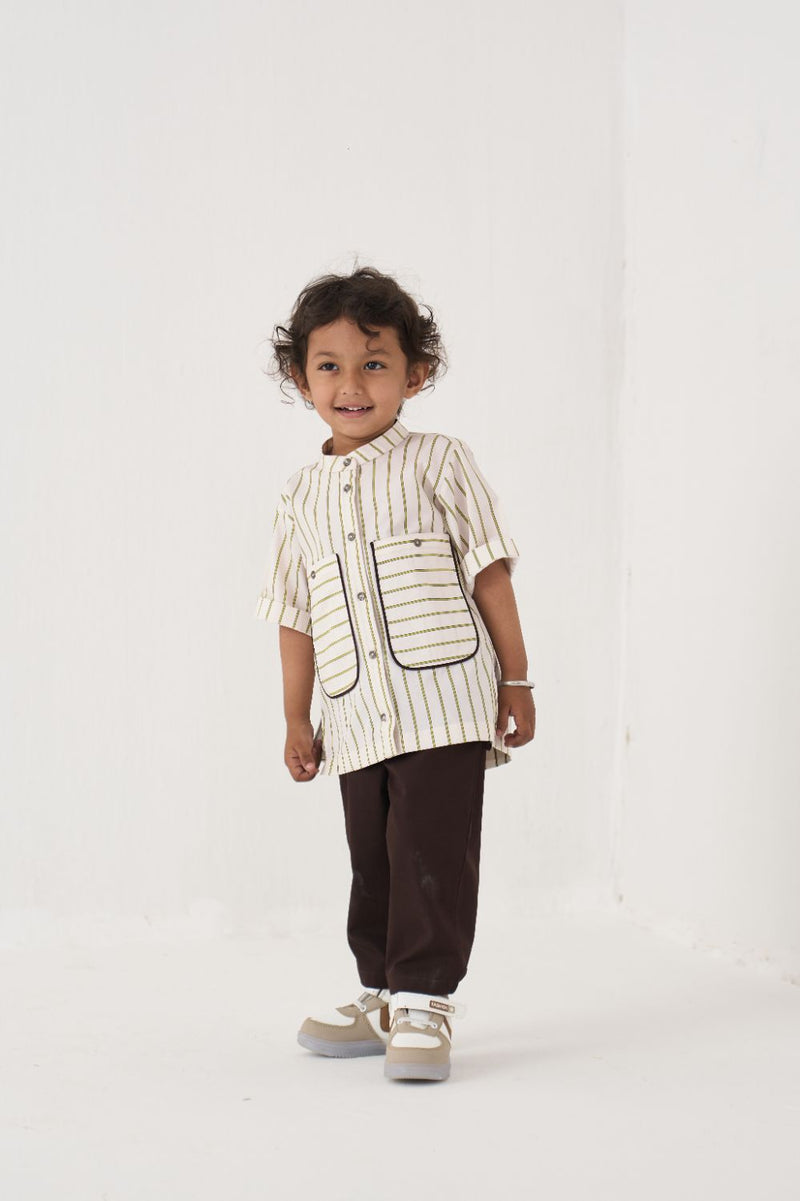 Boy - Patch Pocket Shirt Co-Ord - Lime poplin by THREE Kids in brown color for kids in Singapore