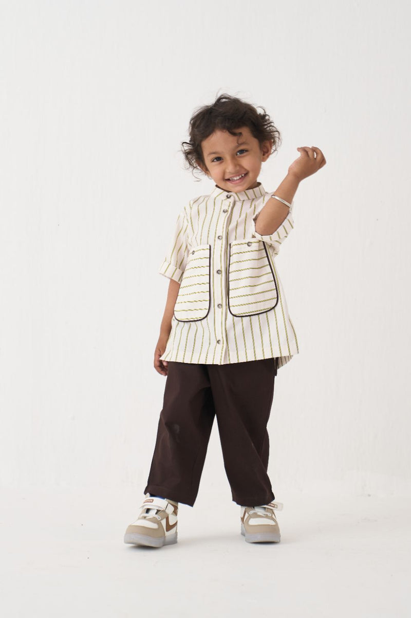 Boy - Patch Pocket Shirt Co-Ord - Lime poplin by THREE Kids in brown color for kids in Singapore