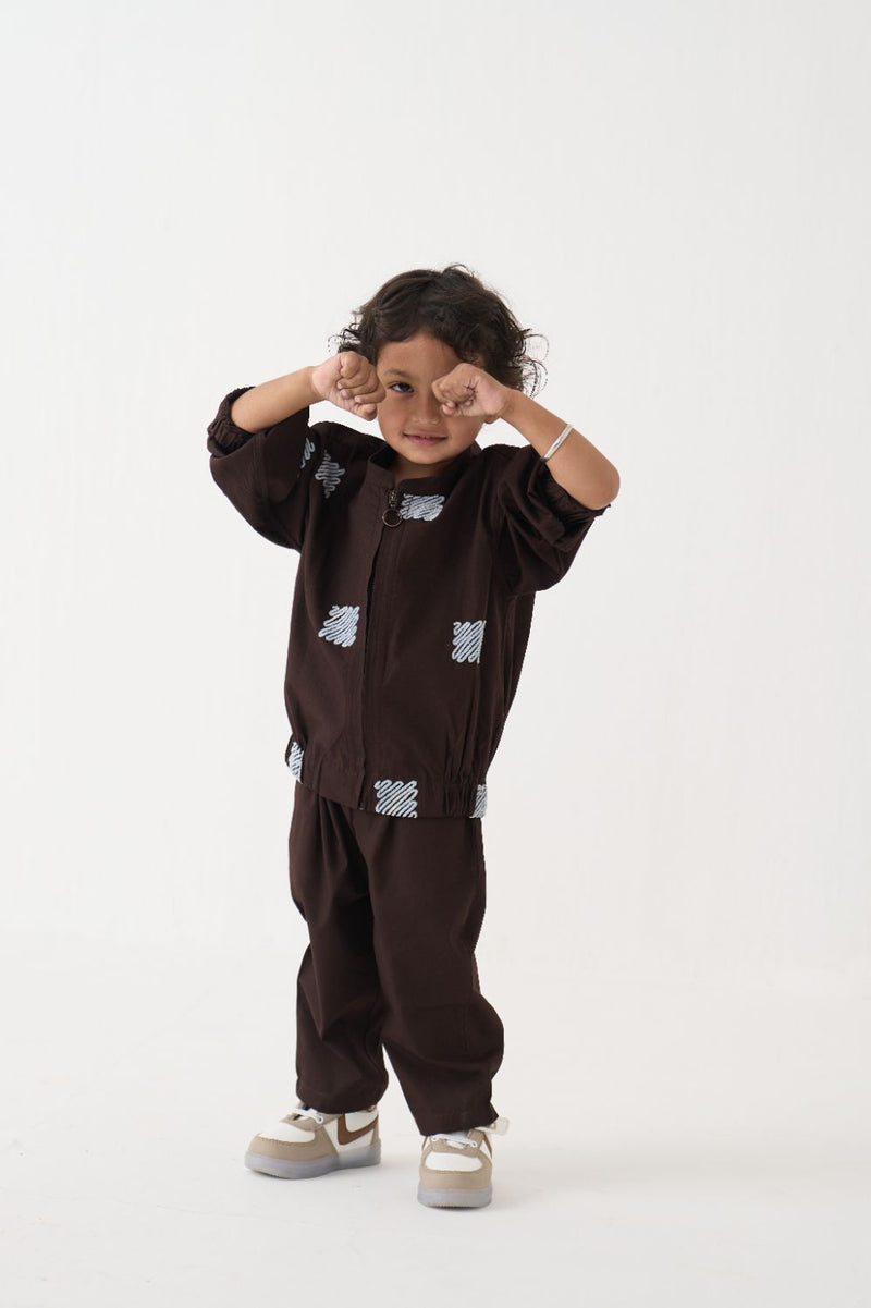Boy - Emb. Bomber Jacket Co-Ord (Set Of 2) - Dark Brown poplin by THREE Kids in brown color for kids in Singapore