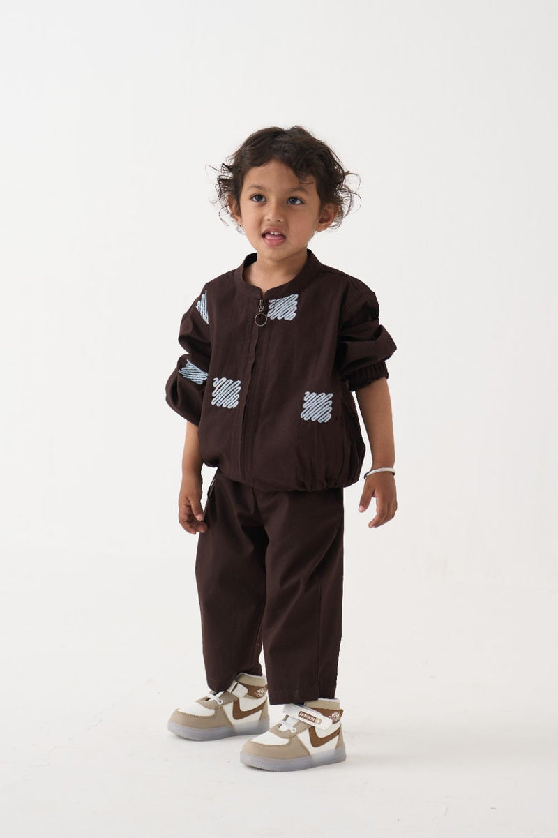 Boy - Emb. Bomber Jacket Co-Ord (Set Of 2) - Dark Brown poplin by THREE Kids in brown color for kids in Singapore