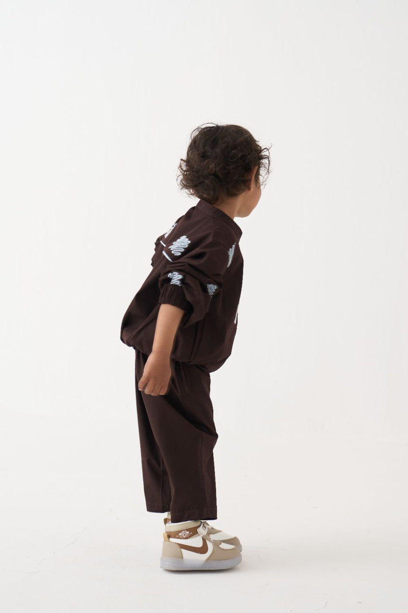 Boy - Emb. Bomber Jacket Co-Ord (Set Of 2) - Dark Brown poplin by THREE Kids in brown color for kids in Singapore