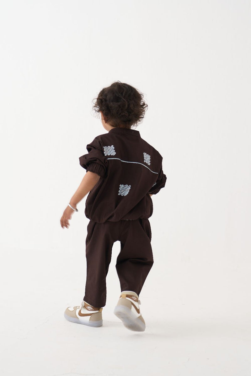 Boy - Emb. Bomber Jacket Co-Ord (Set Of 2) - Dark Brown poplin by THREE Kids in brown color for kids in Singapore