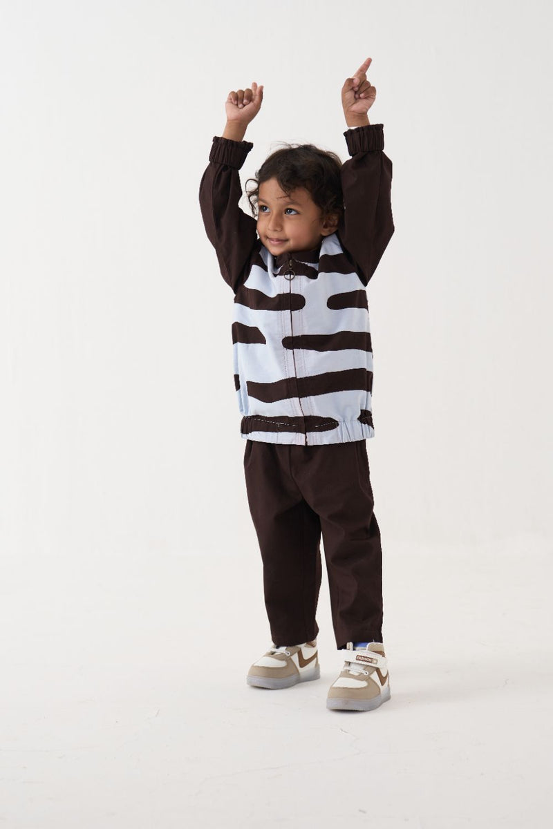 Boy - Abstract Bomber Jacket Co-Ord - Dark Brown poplin by THREE Kids in brown color for kids in Singapore