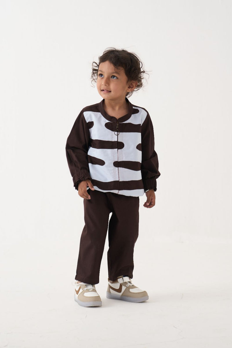 Boy - Abstract Bomber Jacket Co-Ord - Dark Brown poplin by THREE Kids in brown color for kids in Singapore