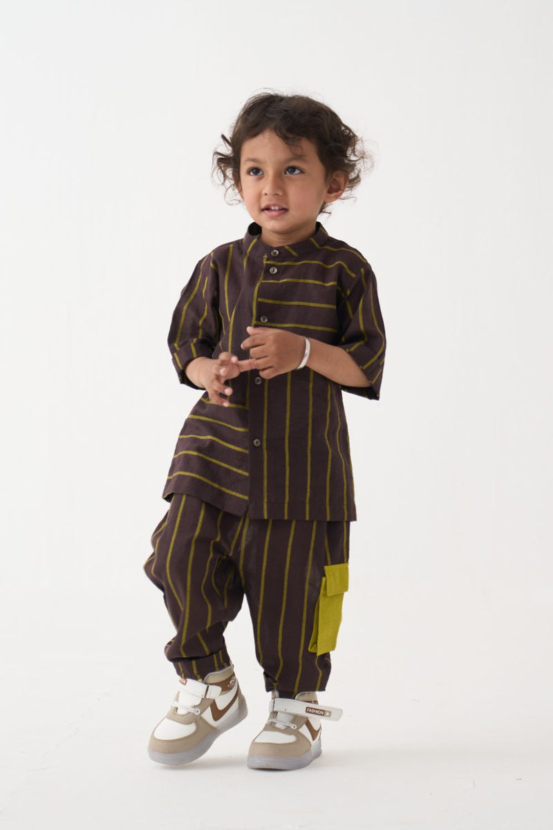 Boy - Stripe Panel Shirt Co-Ord - Lime cotton by THREE Kids in brown color for kids in Singapore